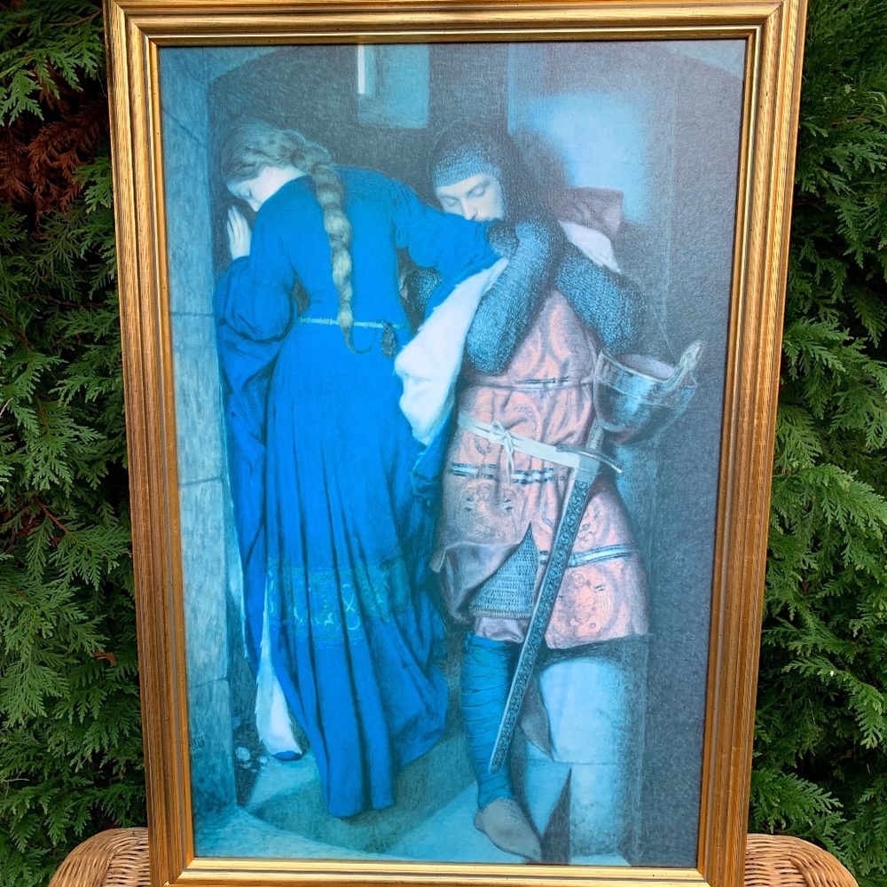 Vintage Romantic Framed Wall Art in Blue/Gilded Frame/Danish/Medieval/Ireland